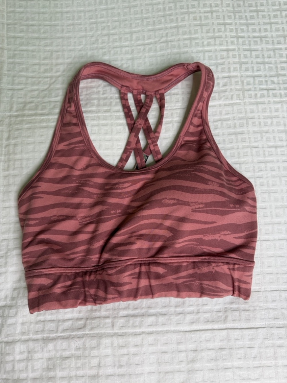Bombshell Sportswear Mauve Zebra-Pattern Crisscross Sports Bra
